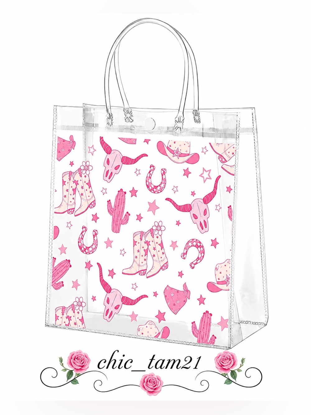 Clear Reusable Tote Bag with Pink Western Print